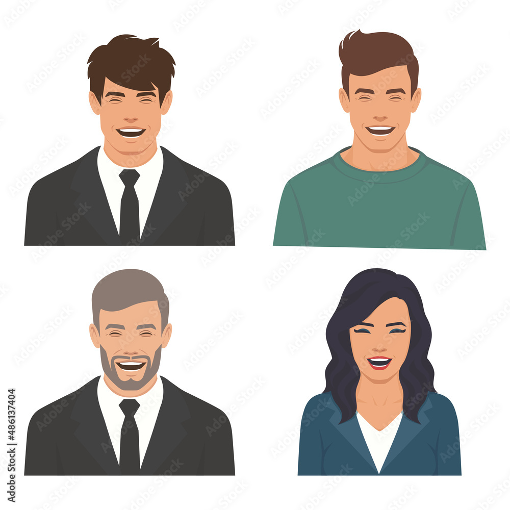Cartoon Man and woman Laughing, set of happy, smile people faces, Vector character illustration. Cartoon Man and woman Laughing, set of happy, smile people faces, Vector character illustration.