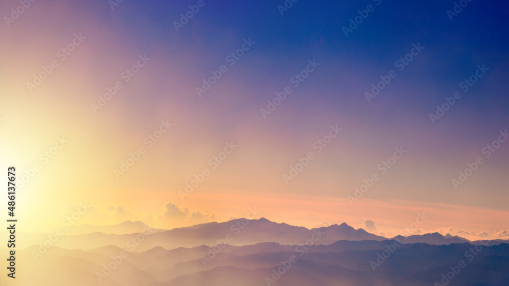 Beautiful sunrise on top of mountain at Taiwan. Aerial view of a new day begins