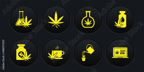 Set Medical bottle with marijuana, Marijuana or cannabis leaf oil, Cup tea, Watering, Test tube, Online buying and icon. Vector