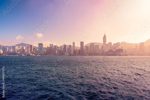 Canvas Print Beautiful modern tall towers at Hongkong financial district during sunrise light