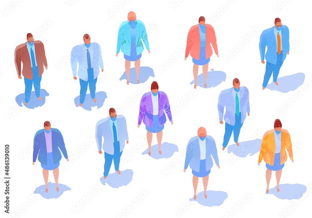 Illustration of many people on the street, patients, doctors and health personnel. Top view with shadow. 3d imitating style of flat colors and watercolor painting, on white background.