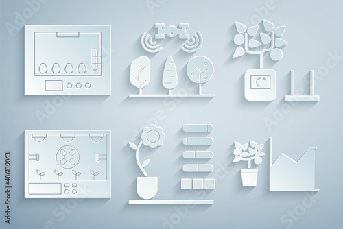 Set Flower status, Smart farming technology, statistics, with drone and Incubator for eggs icon. Vector