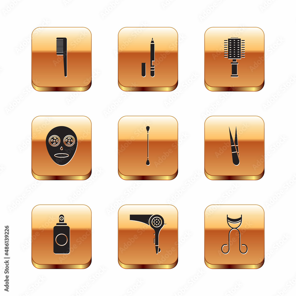 Set Hairbrush, Spray can, dryer, Cotton swab for ears, Facial cosmetic mask, Eyelash curler and Eyeliner, eyebrow icon. Vector Set Hairbrush, Spray can, dryer, Cotton swab for ears, Facial cosmetic mask, Eyelash curler and Eyeliner, eyebrow icon. Vector