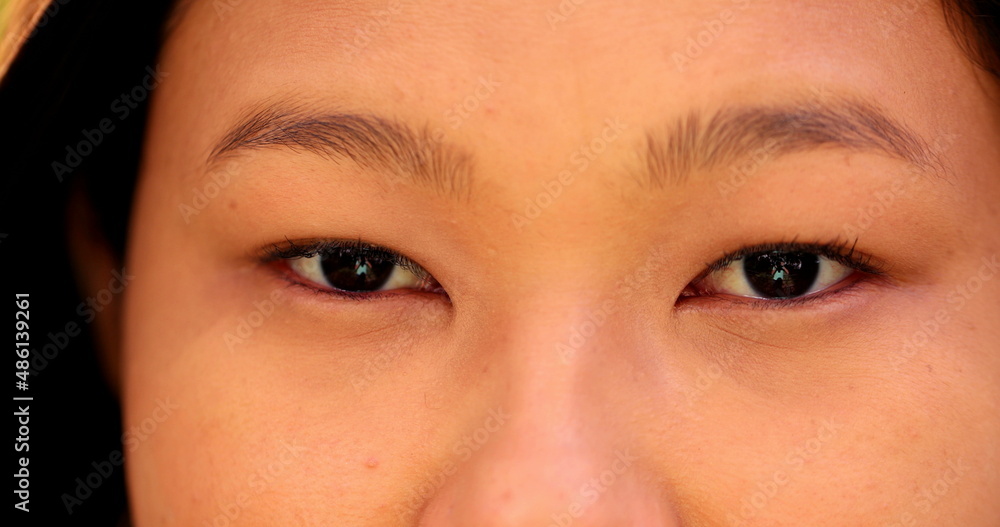 Fototapeta premium Asian eyes macro close-up, Japanese descent woman staring to camera