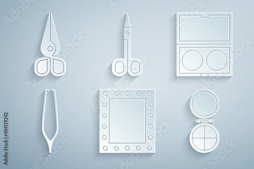 Set Makeup mirror with lights, powder, Eyebrow tweezers, Scissors and icon. Vector