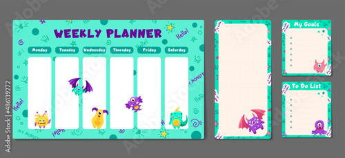 Cute set with funny monsters. Printable weekly or daily planner, note paper design, school timetable, scheduler and organizer template and to do list. Vector flat children illustration