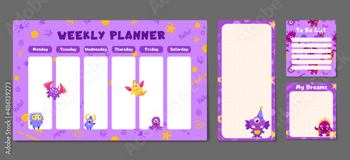Cute set with funny monsters. Printable weekly or daily planner, note paper design, school timetable, scheduler and organizer template and to do list. Vector flat children illustration