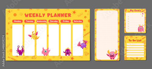 Cute set with funny monsters. Printable weekly or daily planner, note paper design, school timetable, scheduler and organizer template and to do list. Vector flat children illustration