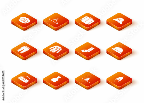 Set Sport bag, Woman dress, Pants, Blazer jacket, Gardener worker hat, Socks, Police cap with cockade and Beanie icon. Vector