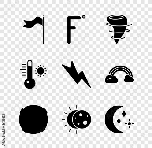 Set Meteorology windsock wind vane, Fahrenheit, Tornado, Moon, Eclipse of the sun, and stars, thermometer and Lightning bolt icon. Vector
