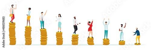 Economic inequalit. The gap between rich and poor.unfair income. White rich businessman standing on a tower of coins with a high salary with poor people black and white on low piles.Vector.