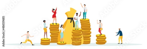 Economic inequalit. The gap between rich and poor.unfair income. White rich businessman standing on a tower of coins with a high salary with poor people black and white on low piles.Vector.