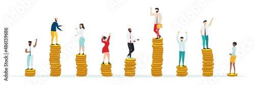 Economic inequalit. The gap between rich and poor.unfair income. White rich businessman standing on a tower of coins with a high salary with poor people black and white on low piles.Vector.