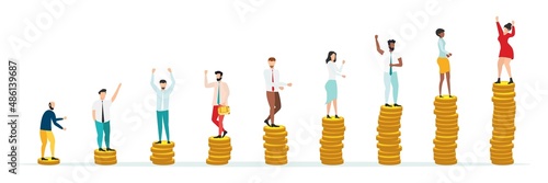 Economic inequalit. The gap between rich and poor.unfair income. White rich businessman standing on a tower of coins with a high salary with poor people black and white on low piles.Vector.