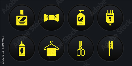 Set Bottle of shampoo, Electrical hair clipper or shaver, Towel on hanger, Scissors hairdresser, Bow tie, Hairbrush and Aftershave icon. Vector