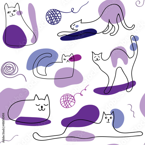 Cute cats seamless vector pattern in very peri color. Playful kitten, abstract modern shapes. Perfect for kids design.