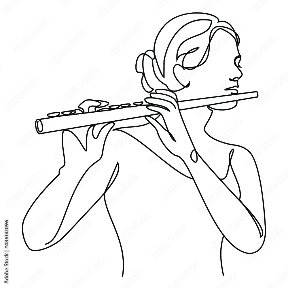 Silhouette of a beautiful woman with a flute in a modern continuous line style. Flute girl, slender. Continuous line drawing, decor aesthetic outline, posters, stickers, logo. Vector illustration. - obrazy, fototapety, plakaty 