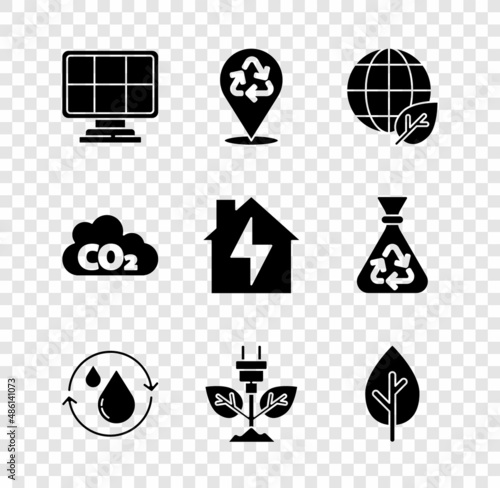 Set Solar energy panel, Recycle, Earth globe and leaf, clean aqua, Electric saving plug in, Tree, CO2 emissions cloud and House lightning icon. Vector