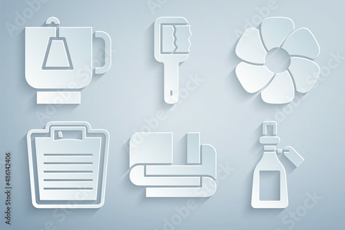 Set Towel stack, Flower, Bathroom scales, Essential oil bottle, Sauna brush and Cup of tea with tea bag icon. Vector