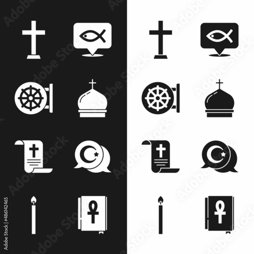 Set Church tower, Dharma wheel, Christian cross, fish, Decree, paper, parchment, scroll, Star and crescent, Cross ankh book and Burning candle icon. Vector