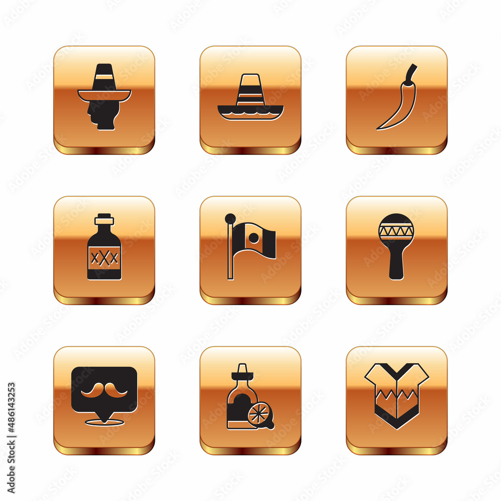 Set Mexican man sombrero, Mustache, Tequila bottle with lemon, Mexico flag, Hot chili pepper pod, Poncho and icon. Vector Set Mexican man sombrero, Mustache, Tequila bottle with lemon, Mexico flag, Hot chili pepper pod, Poncho and icon. Vector