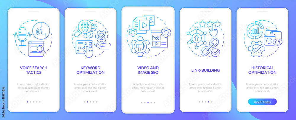 Naklejka premium SEO marketing trends blue gradient onboarding mobile app screen. Tools walkthrough 5 steps graphic instructions pages with linear concepts. UI, UX, GUI template. Myriad Pro-Bold, Regular fonts used