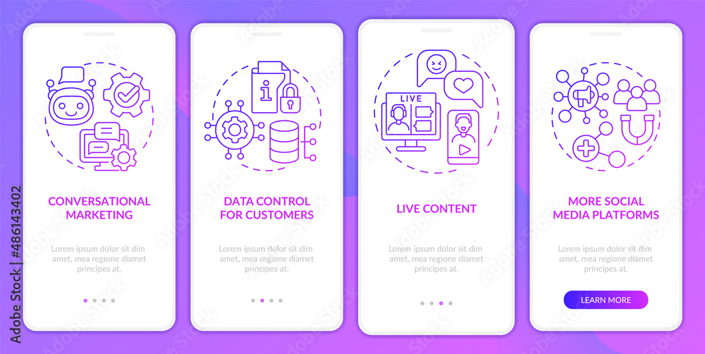 Modern marketing trends purple gradient onboarding mobile app screen. Walkthrough 4 steps graphic instructions pages with linear concepts. UI, UX, GUI template. Myriad Pro-Bold, Regular fonts used
