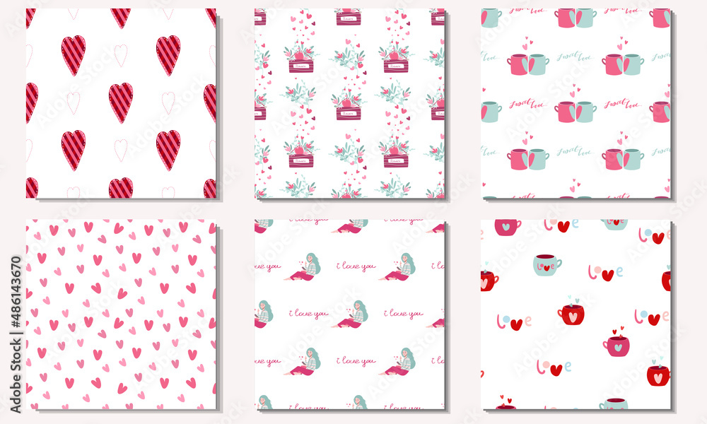 Set of square seamless backgrounds with valentines in naive style