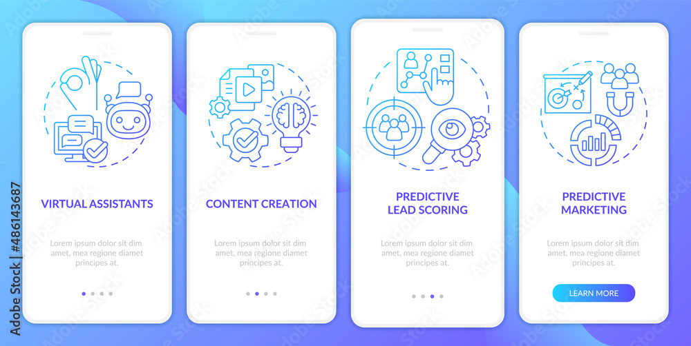 Usage of AI in marketing blue gradient onboarding mobile app screen. Walkthrough 4 steps graphic instructions pages with linear concepts. UI, UX, GUI template. Myriad Pro-Bold, Regular fonts used