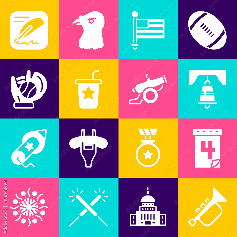Set Trumpet, Calendar with date July 4, Liberty bell in Philadelphia, American flag, Paper glass straw, Baseball glove ball, Declaration of independence and Cannon icon. Vector Set Trumpet, Calendar with date July 4, Liberty bell in Philadelphia, American flag, Paper glass straw, Baseball glove ball, Declaration of independence and Cannon icon. Vector