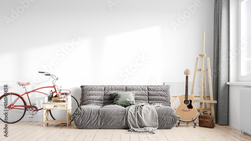 Modern beautiful interior of the room with light walls, large windows and stylish furniture. Bright design in Scandinavian style. 3D rendering