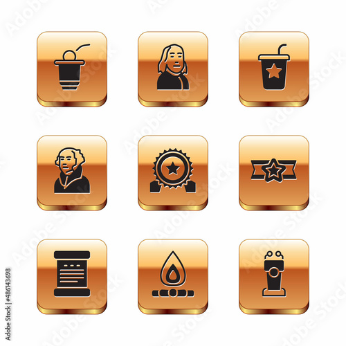 Set Beer pong game, Declaration of independence, Campfire, Medal with star, George Washington, Paper glass straw, Stage stand tribune and Benjamin Franklin icon. Vector