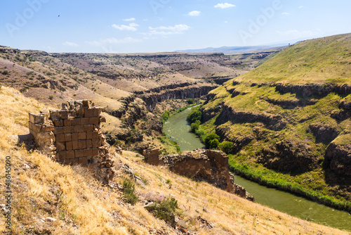 Ruins of the ancient city Ani with Akhuryan (Arpachay) river valley between Turkey and Armenia