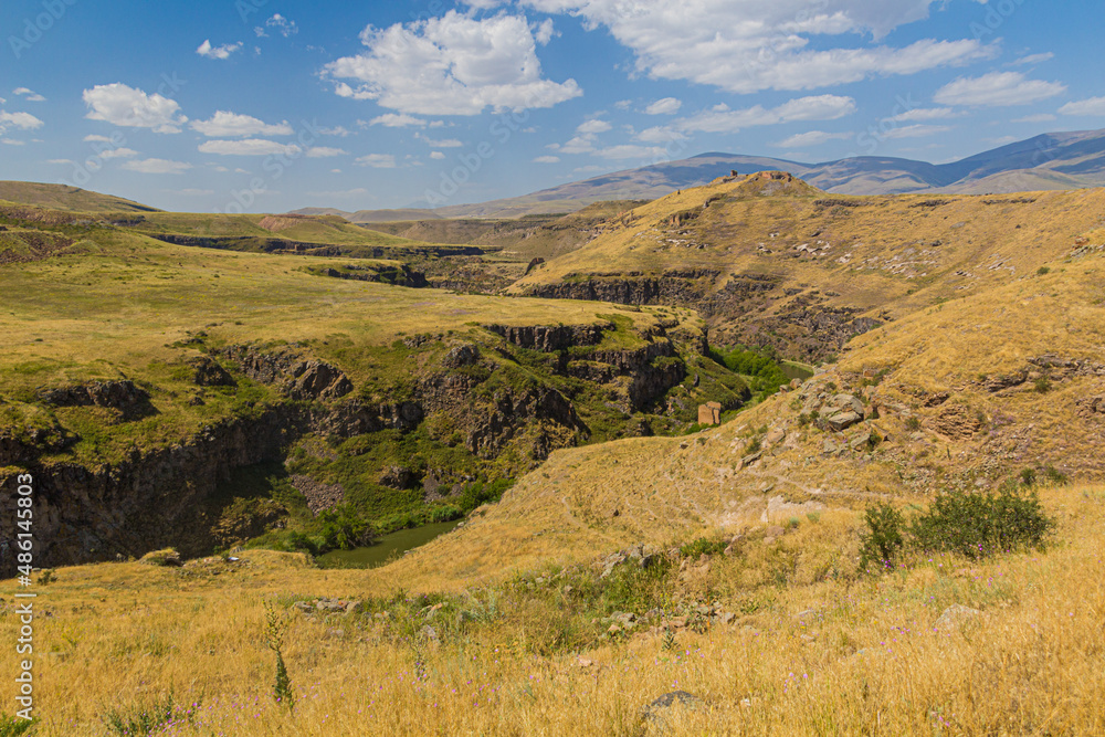 Ruins of the ancient city Ani with Akhuryan (Arpachay) river valley between Turkey and Armenia