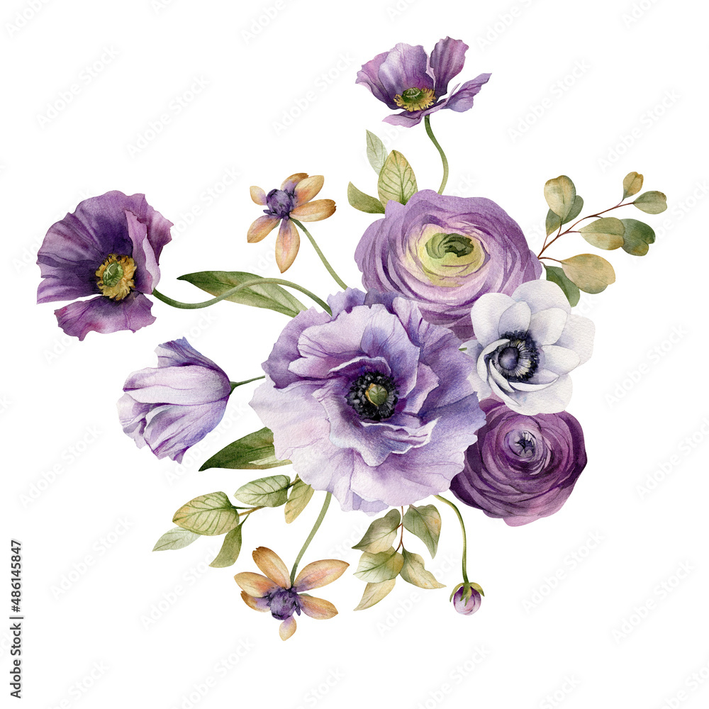 Watercolor flowers garden bouquet. Hand painted botanical illustration