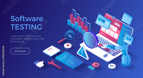 Software Testing. Process evaluation software application or website. Computer code analysis. Identification and removal of defects, bugs, errors. Isometric landing page. Vector web banner.
