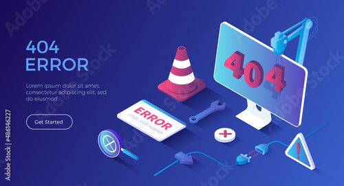 404 Error Page not found. Internet connection problem. Electric plug socket unplug disconnection. Isometric landing page. Vector web banner.