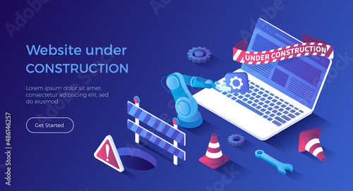 Website Under Construction. Updates changes and fixing on the site. Maintenance page or 404 error. Isometric landing page. Vector web banner.