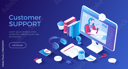 Customer service, support, technical assistant or call center. Hotline helpdesk. Professional online consultant operator help clients with problems. Isometric landing page. Vector web banner.