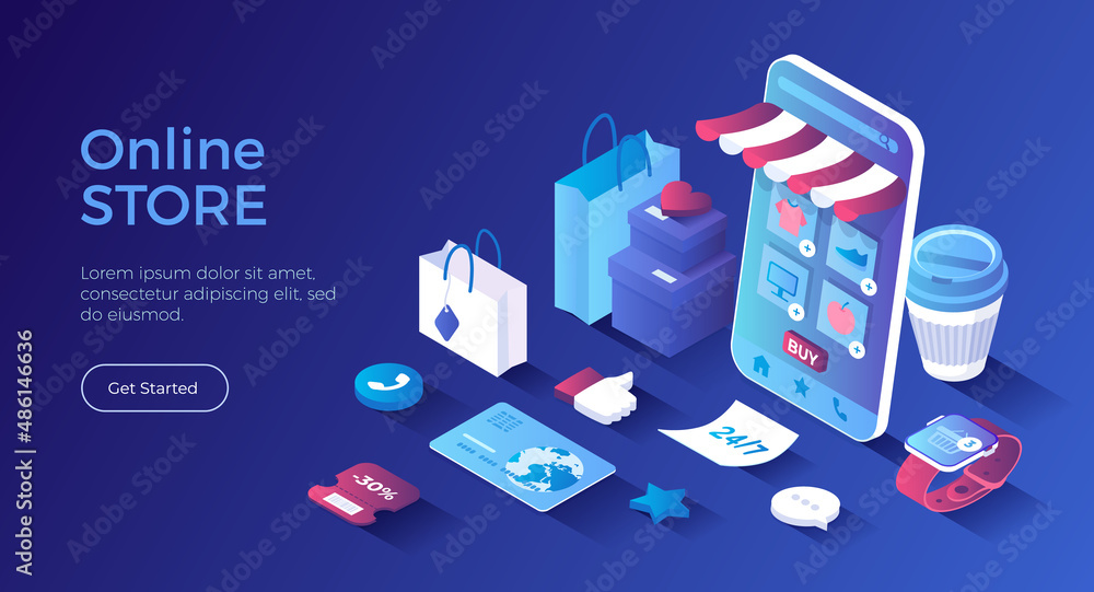 Online Store Shop. Mobile application. Internet shopping, e-commerce, 24 hour service. Online ordering of groceries, clothing, electronic devices, medicines. Isometric landing page. Vector web banner. Online Store Shop. Mobile application. Internet shopping, e-commerce, 24 hour service. Online ordering of groceries, clothing, electronic devices, medicines. Isometric landing page. Vector web banner.