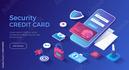 Credit Card Security. Protection of personal information. Money protection, online banking, payment protection. Shield guard, fingerprint, password, login. Isometric landing page. Vector web banner.