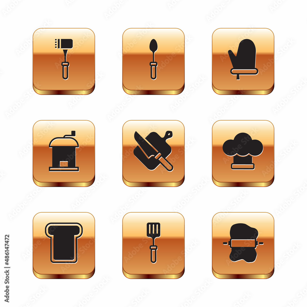 Set Kitchen hammer, Bread toast, Barbecue spatula, Cutting board and knife, Manual coffee grinder, Oven glove, Rolling pin on dough and Teaspoon icon. Vector Set Kitchen hammer, Bread toast, Barbecue spatula, Cutting board and knife, Manual coffee grinder, Oven glove, Rolling pin on dough and Teaspoon icon. Vector