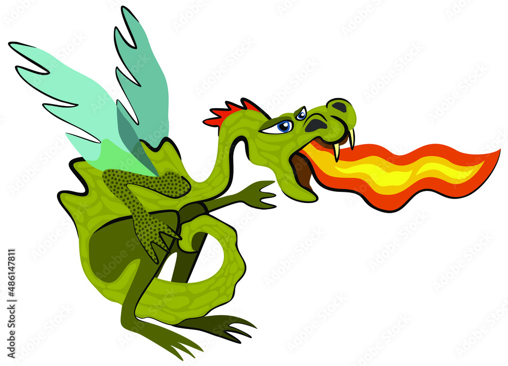 Obraz premium Vector isolated cute illustration of dragon with fire from the mouth.