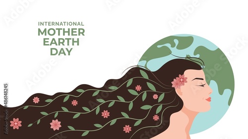 22 april - International Mother Earth Day illustration. Cartoon woman with flowers and leaves on the Earth map background. Save the Earth vector flat design.