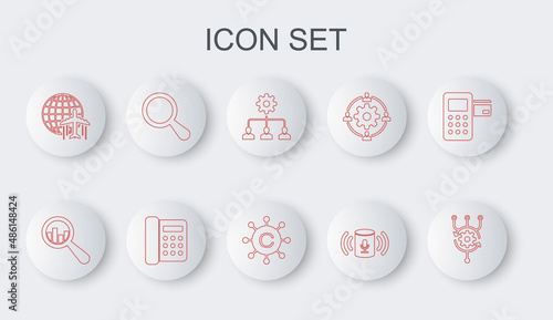 Set line Algorithm, Magnifying glass and analysis, Lead management, Voice assistant, Globe with flying plane, Telephone and Copywriting network icon. Vector