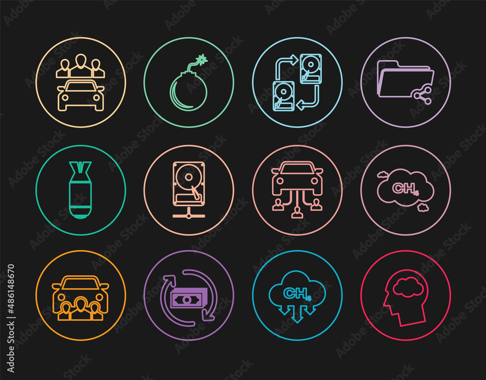 Set line Head silhouette with cloud, Methane emissions reduction, Data exchange hhd, Hard disk drive sharing network, Aviation bomb, Car, and Bomb ready to explode icon. Vector Set line Head silhouette with cloud, Methane emissions reduction, Data exchange hhd, Hard disk drive sharing network, Aviation bomb, Car, and Bomb ready to explode icon. Vector