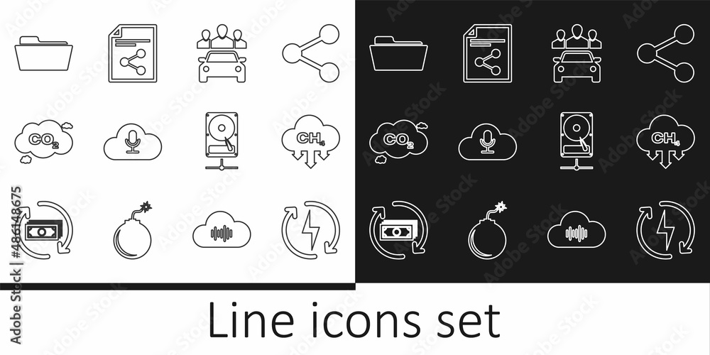 Set line Recharging, Methane emissions reduction, Car sharing, Music streaming service, CO2 cloud, Folder, Hard disk drive network and Share file icon. Vector Set line Recharging, Methane emissions reduction, Car sharing, Music streaming service, CO2 cloud, Folder, Hard disk drive network and Share file icon. Vector
