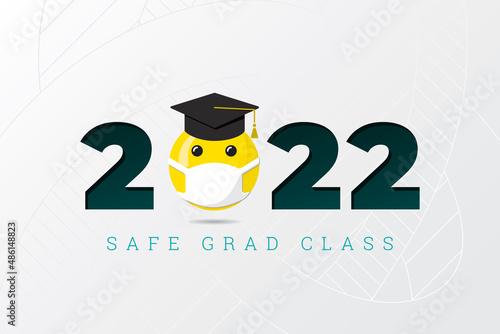 Class of 2022 Numerals Logo and Safe Graduation Lettering with Smiling Face Protected with Medical Mask - Yellow and Black on Light Background - Mixed Graphic Design