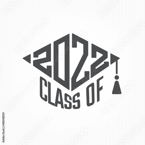 Class of 2022 Academic Graduation Cap Square Shape Lettering Composition with Polygonal Numerals Logo - Black on White Background - Contrast Graphic Design