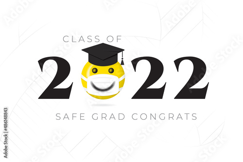 Class of 2022 Numerals Logo with Halftone Smiling Face Protected with Medical Mask and Safe Graduation Congratulations Lettering - Yellow and Black on White Background - Mixed Graphic Design